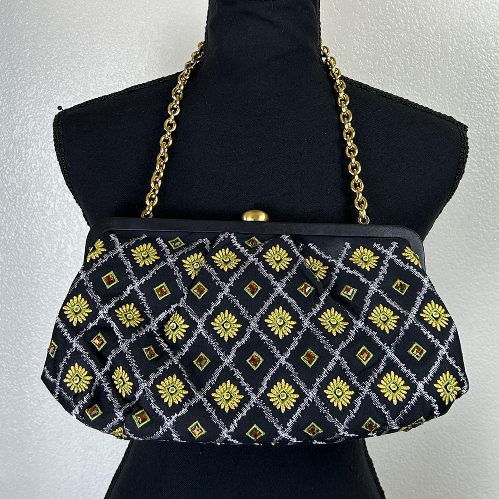 Talbots Black &Multicolor Embroidered Sequins Rhinestones Chain Strap Clutch Bag